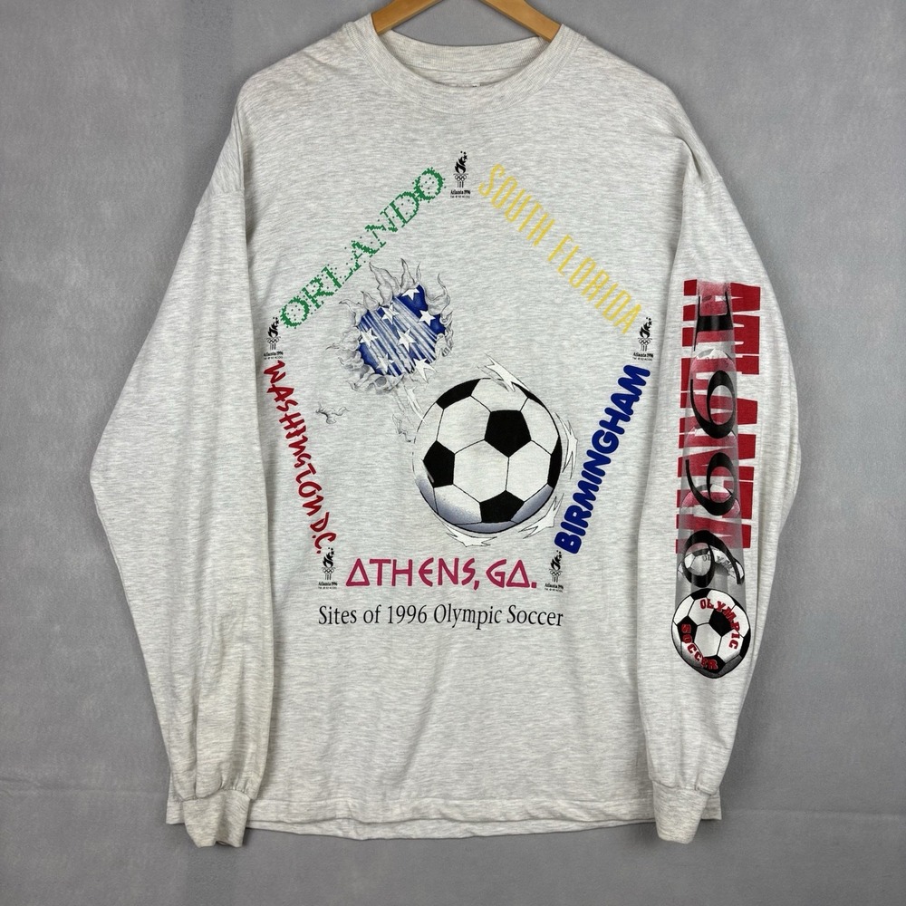 Vintage 1996 Olympics Soccer Shirt Men's XL Heather Gray Long Sleeve Hanes Beefy